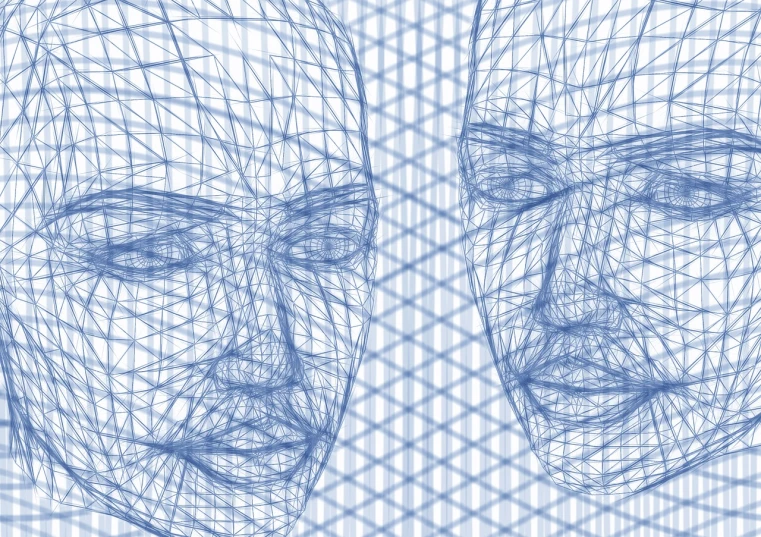 a drawing of a man's face and a woman's face, a digital rendering, by Konrad Witz, pixabay, subject made of white mesh rope, in blueprint form, symmetry illustration, human heads everywhere