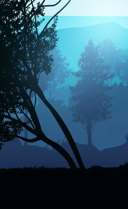 a couple of giraffe standing on top of a lush green field, a digital painting, inspired by Eyvind Earle, shutterstock, romanticism, foggy forest at night, blue trees, stylized silhouette, cougar in forest at night