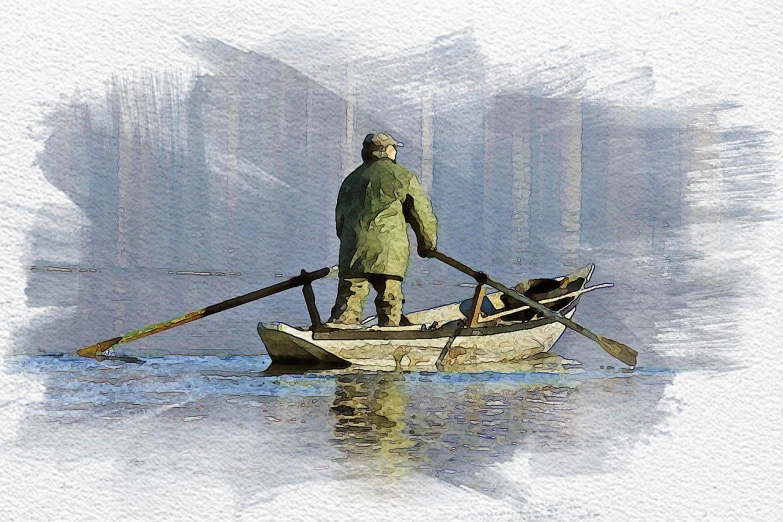 a painting of a man in a boat with a dog, a watercolor painting, trending on pixabay, tonalism, digital paintin, winter painting, an oldman, flat water color texture