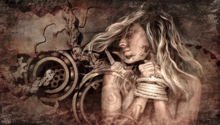 a woman tied up in front of a clock, inspired by Luis Royo, trending on deviantart, auto-destructive art, trending on pixart”, shackles in his hands, “loss of inner self, mechanic