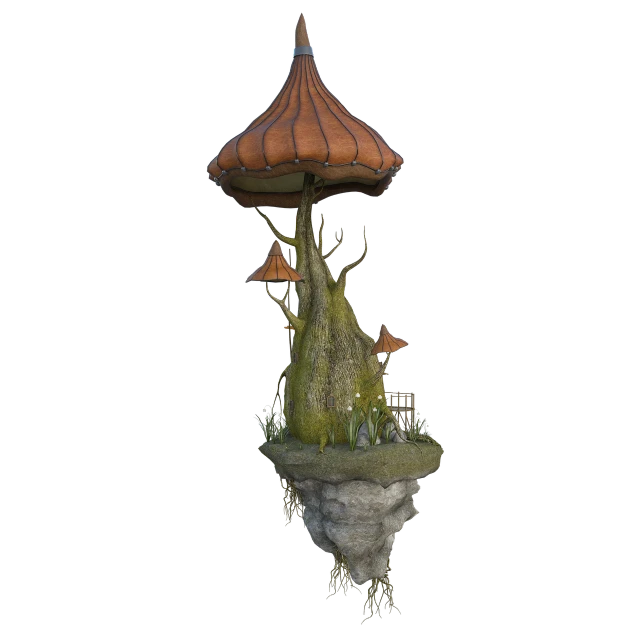 a tree house sitting on top of a small island, by senior environment artist, polycount contest winner, conceptual art, in a wild mushroom fountain, top - side view, moss highly detailed, hanging gardens