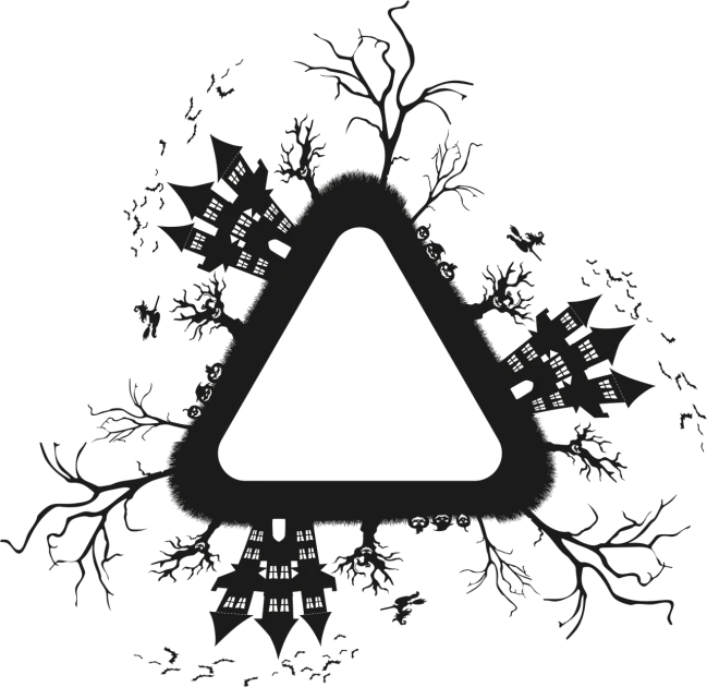 a triangle shaped sign on a black background, inspired by H.P. Lovecraft, abstract illusionism, yggdrasil, house background, background is white and blank, fractal arrows