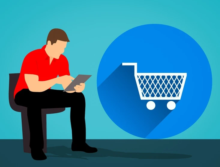 a man sitting on a chair using a tablet computer, an illustration of, pixabay, shopping cart, blue - print, shops, digital asset