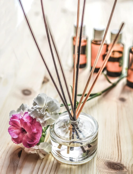 a glass jar filled with reeds and flowers, pexels, modernism, incense, a wooden, various posed, looking partly to the left