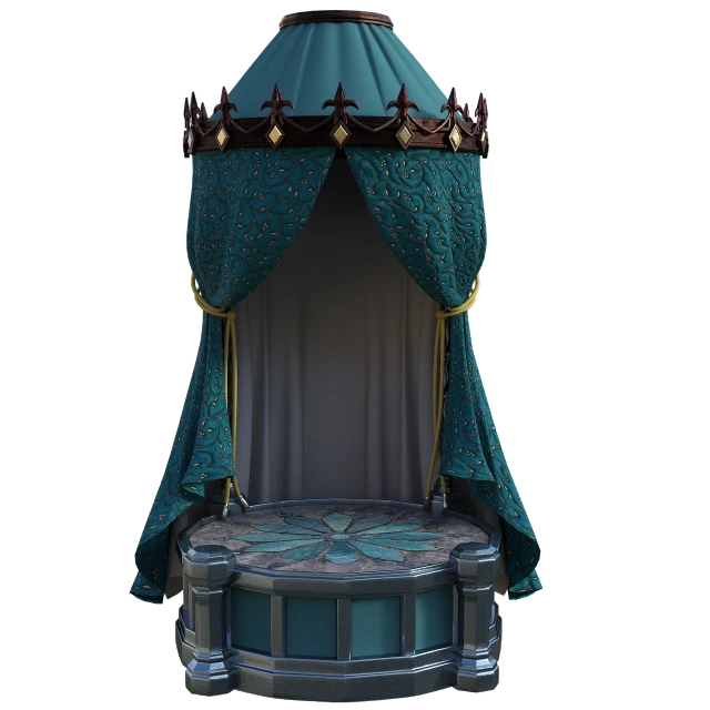 a bed with a canopy on top of it, by senior environment artist, polycount contest winner, baroque, teal cloth, royal crown, made from million point clouds, realistic rendering for stool