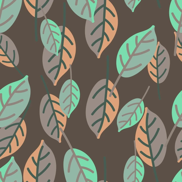 a pattern of leaves on a brown background, shutterstock, mingei, colorful illustration, forested background, loosely drawn, greenish colors