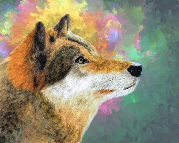 a close up of a painting of a wolf, a digital painting, inspired by Wolf Huber, shutterstock, digital art, nitid and detailed background, colorful illustration, high detail illustration, in profile