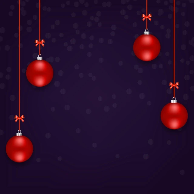 three red christmas balls hanging from a string, concept art, art deco, dark purple background, realistic background, ornamental bow, background image