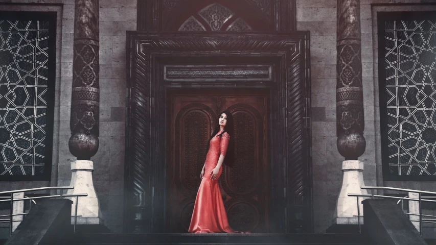 a woman in a red dress standing in front of a building, cgsociety contest winner, imperial royal elegant clothing, tall door, shohreh aghdashloo, covered in coral