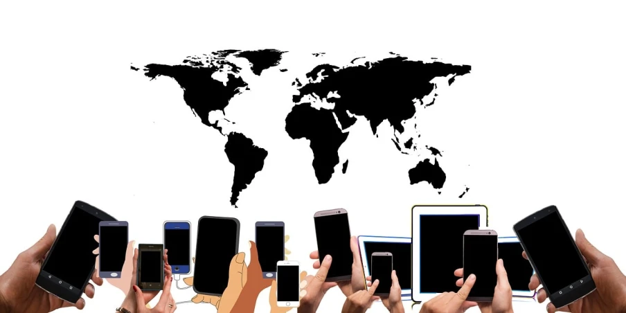 a group of people holding up cell phones in front of a world map, an illustration of, shutterstock, different sizes, no background, monitor, breeding