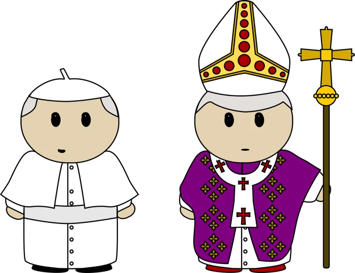 a couple of cartoon popes standing next to each other, vector art, reddit, digital art, with infant jesus, a purple and white dress uniform, with short bobbed white hair, high-contrast