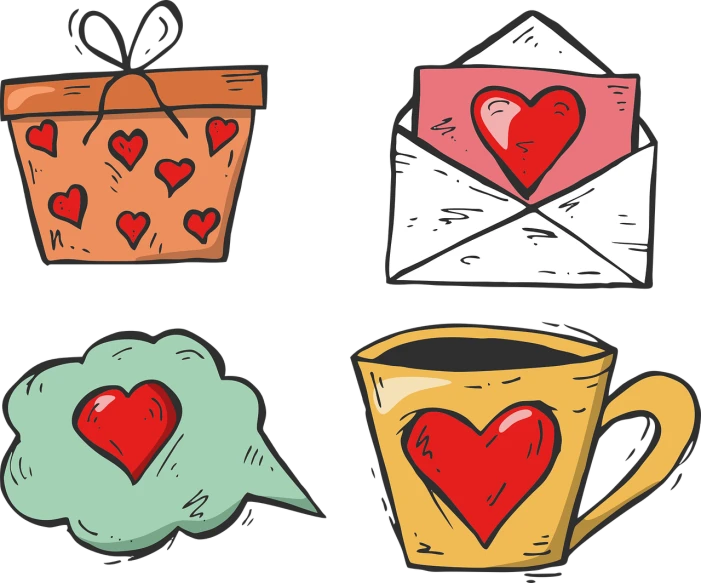 a cup of coffee and a box of hearts, trending on pixabay, pop art, flash sheet, telegram sticker design, extra details, love story