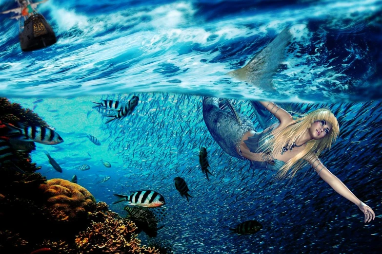 a mermaid swimming in the ocean surrounded by fish, by Wen Boren, trending on pixabay, blonde, in style of mike savad”, bottom shot, award - winning photo. ”