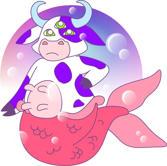 a cartoon cow sitting on top of a fish, inspired by Awataguchi Takamitsu, deviantart contest winner, bubble goth, pink slime everywhere, clipart, irridescent