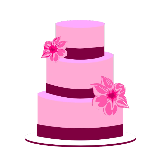 a three layer cake with pink flowers on top, a digital rendering, minimalism, vectorized, the background is black, plumeria, wedding