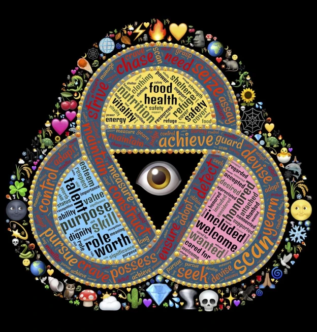 a close up of a circle of words on a black background, by Susan Heidi, symbolism, highly detailed vector art, geometric third eye triangle, highly detailed and colored, cornucopia
