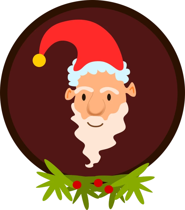 a close up of a person wearing a santa hat, a character portrait, inspired by Ernest William Christmas, shutterstock, naive art, on a flat color black background, cartoon style illustration, in laurel wreath, wooden