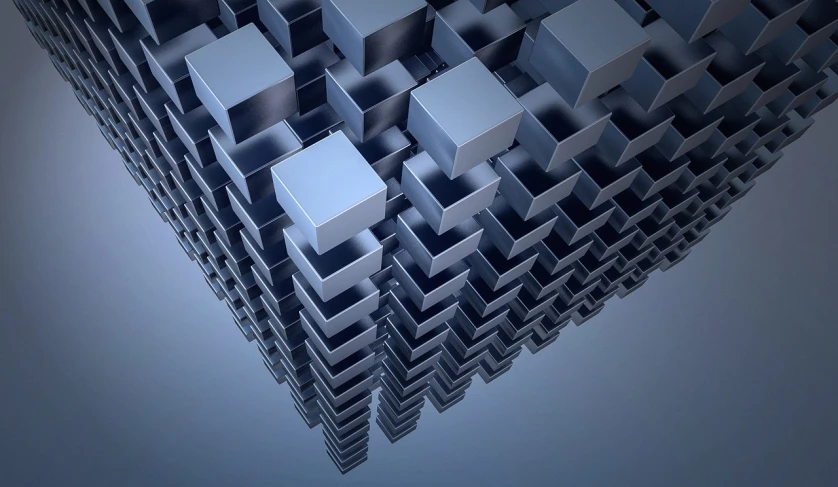 a bunch of cubes that are in the air, digital art, by Andrei Kolkoutine, unsplash, jagged metal landscape, blue and gray colors, high angle close up shot, stacked buildings