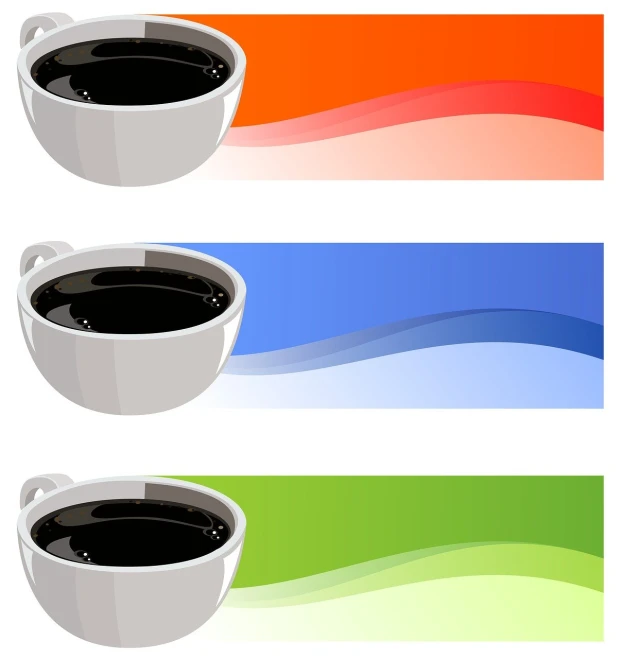 a set of three banners with a cup of coffee, a digital rendering, cobra, crisp lines and color, full color illustration, high res photo