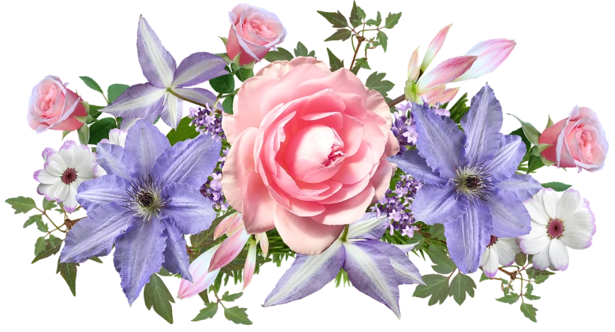 a pink rose surrounded by purple and white flowers, a digital rendering, inspired by François Boquet, clematis design, 4 k detail, ann long, floating bouquets