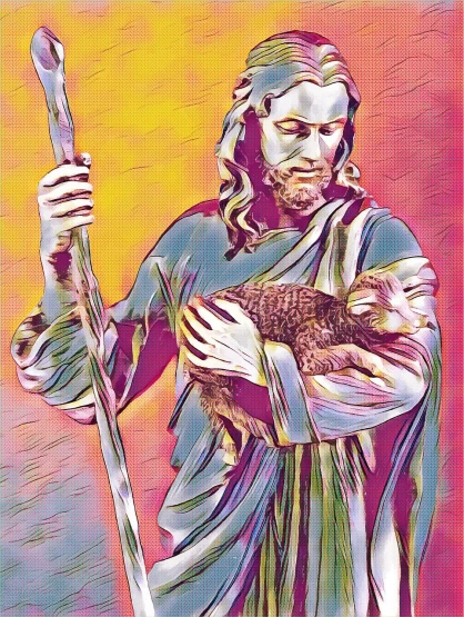 a painting of jesus holding a lamb in his arms, a digital rendering, by Tom Carapic, pixabay, fine art, journey to the west. pop art, god of cats, holding his trident, iridescent digital art