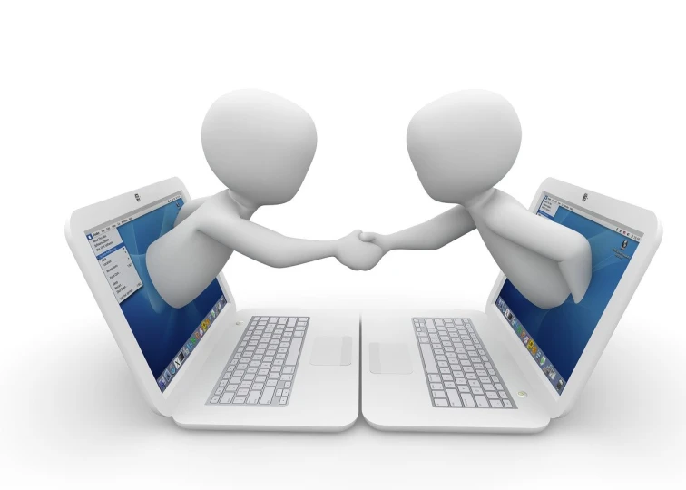 two people shaking hands in front of two laptops, a digital rendering, by Alison Watt, computer art, sitting down, fun pose, middle of the page, dialog