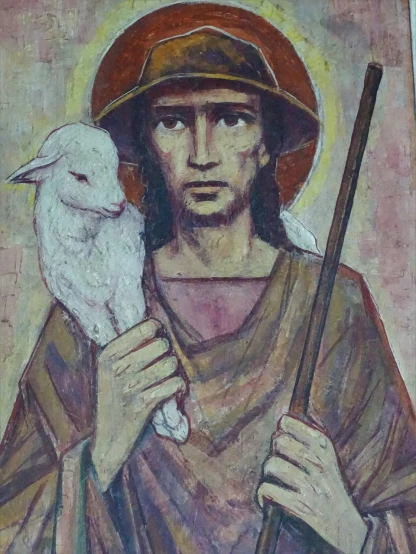a painting of a man holding a bird and a stick, a portrait, inspired by Andrei Rublev, pixabay, sots art, lamb and goat fused as one, npc with a saint\'s halo, looking towards camera, medium detail