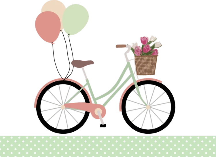 a bicycle with a basket of flowers and balloons, a digital rendering, pink and green, -step 50, polka dot, album cover
