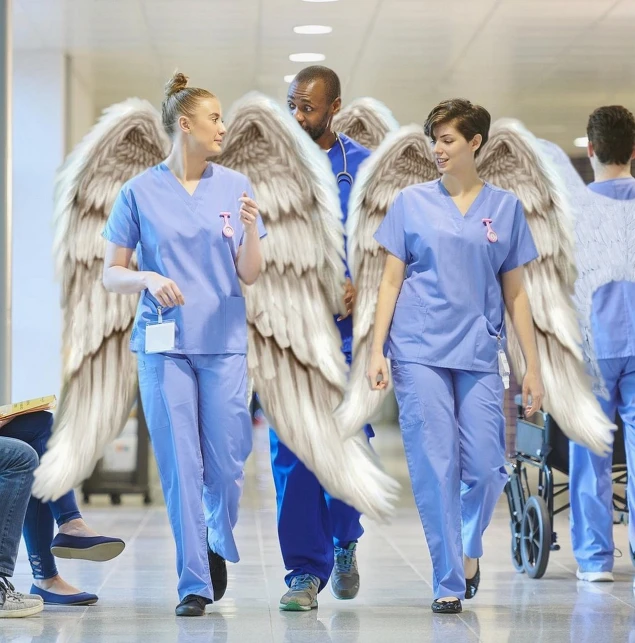 a group of nurses walking down a hospital hallway, by Marie Angel, happening, massive angel wings, exquisite and handsome wings, 🕹️ 😎 🔫 🤖 🚬, wallpaper - 1 0 2 4
