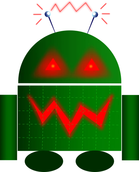 an image of a green robot with red eyes, inspired by Android Jones, auto-destructive art, android cameraphone, an angry, diagram, jester