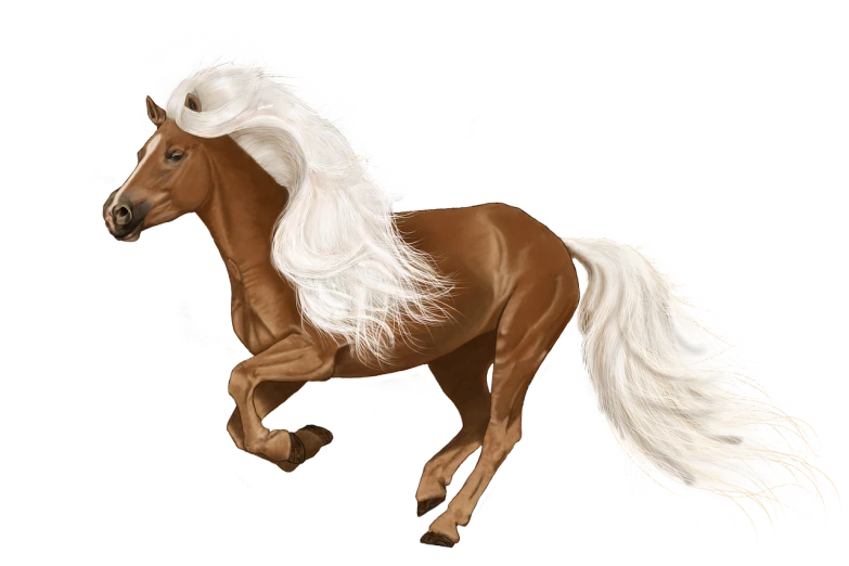 a brown and white horse running on a black background, a digital painting, inspired by John Frederick Herring, Sr., white hair!!!!!, imvu, windy floating hair!!, fancily decorated flamboyant