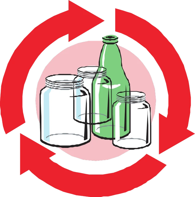 a bottle and two jars in a circle, an illustration of, by Loren Munk, pixabay, rubbish, rotating, glass labware, scarlet