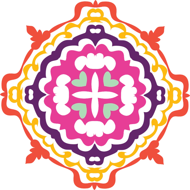 a colorful circular design on a black background, vector art, inspired by Adolf Wölfli, flickr, psychedelic art, cutie mark, damask patern, six sided, done in the style of matisse