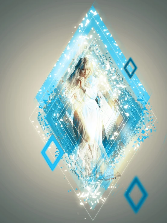 a woman in a white dress standing in front of a blue diamond, digital art, behance contest winner, digital art, cinematic frame, mucha style 4k, expert light effects on figure, blonde goddess