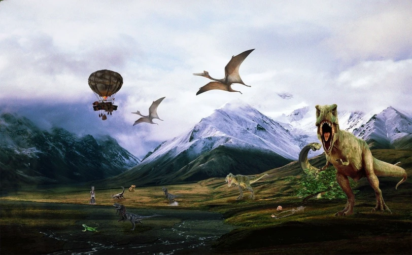 a group of dinosaurs that are flying in the sky, a matte painting, deviantart contest winner, fantasy art, surreal collage, mountains, helicopters and tremendous birds, on an alien grassland