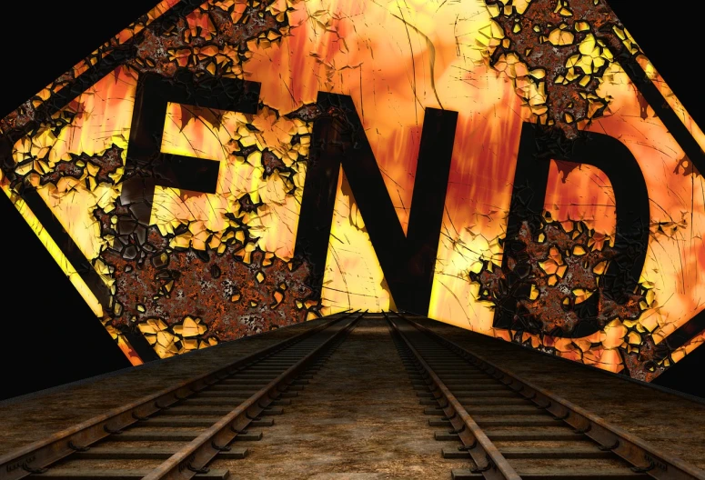 a close up of a sign on a train track, a screenshot, by Denis Eden, trending on pixabay, fire and explosions, the endless end beyond all ends, hd mixed media 3d collage, fiend folio