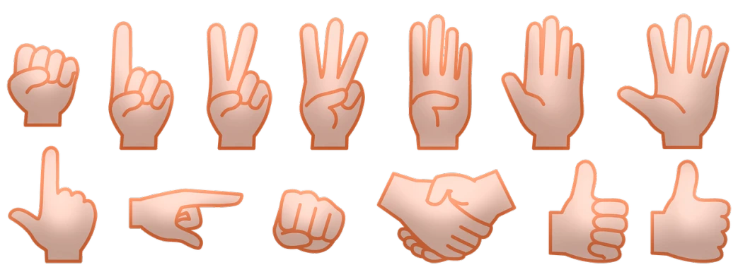 a number of different hand gestures on a black background, a digital rendering, by Andrei Kolkoutine, symbolism, emoji, copper, alliance, clipart