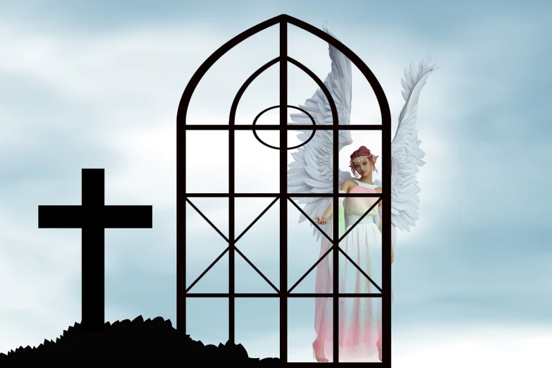 a statue of an angel in front of a cross, a digital rendering, inspired by Marie Angel, art nouveau, queen in a glass prison, cut-scene, looking outside, heaven pink