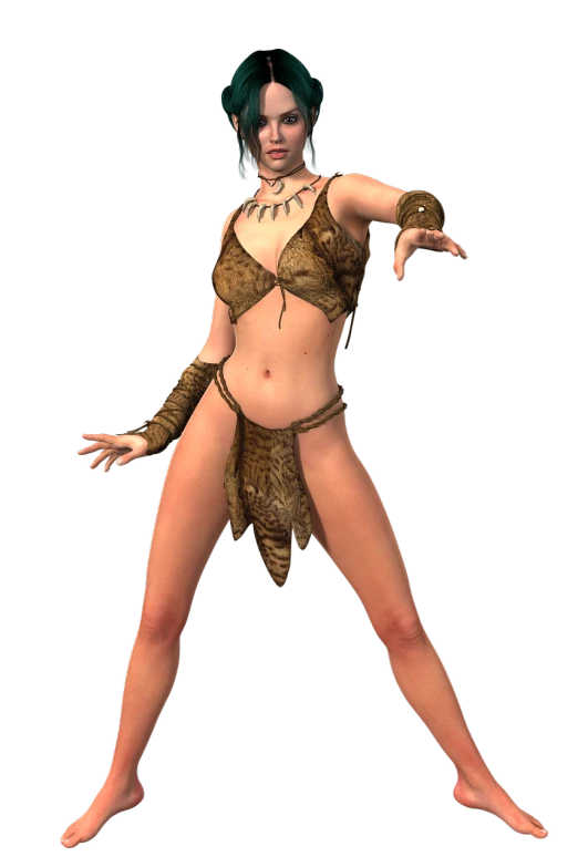 a woman with green hair posing for a picture, inspired by Luis Royo, zbrush central contest winner, wearing barbarian caveman pelt, ingame image, mma southpaw stance, brunette fairy woman stretching