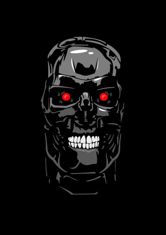 a close up of a person's face with red eyes, vector art, by Andrei Kolkoutine, neo-primitivism, terminator skeleton, on a flat color black background, body of a robot, still from the movie terminator