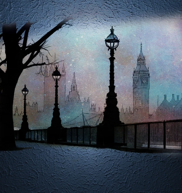a painting of a street light with a clock tower in the background, a matte painting, inspired by John Atkinson Grimshaw, shutterstock, tonalism, houses of parliament, stylized silhouette, vibrant but dreary blue, london south bank