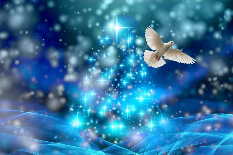 a white dove flying in front of a christmas tree, an illustration of, light and space, beautiful blue lights, eternal blessing, palace floating in heaven, shiny and sparkling