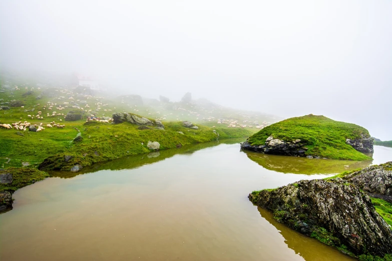 a body of water sitting on top of a lush green hillside, a picture, romanticism, foggy ambience, breathtaking himalayan landscape, small pond, wet grass and stones