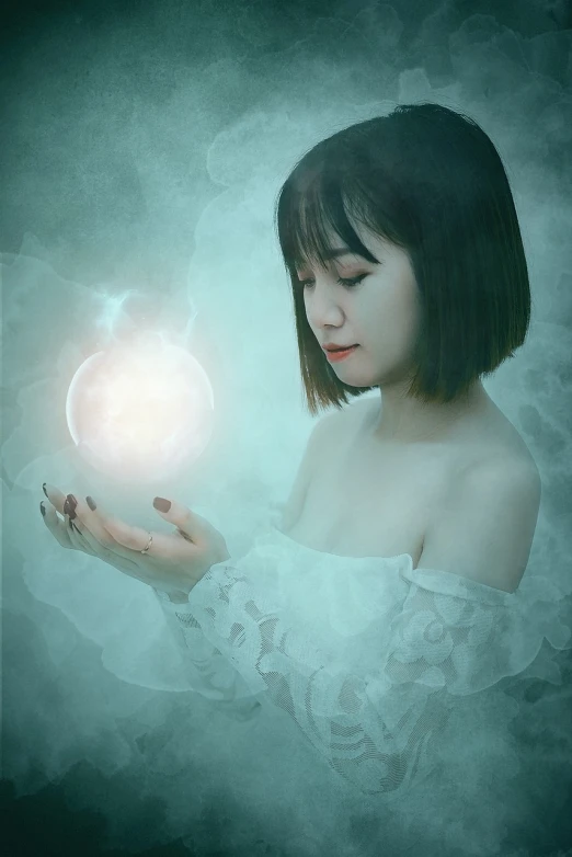 a woman holding a glowing ball in her hands, inspired by Ai Xuan, magical realism, photography], profile pic, ((mist)), milky white skin