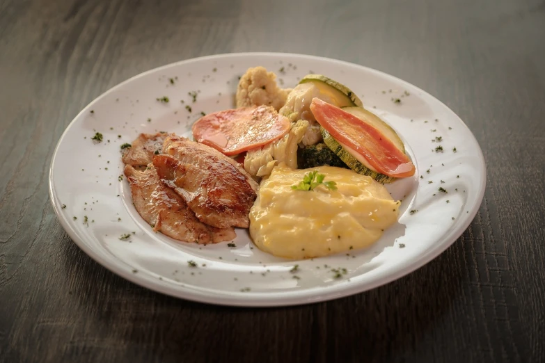 a close up of a plate of food on a table, a picture, by Aleksander Gierymski, shutterstock, restaurant menu photo, high detail product photo, mashed potatoes and gravy, green eggs and ham