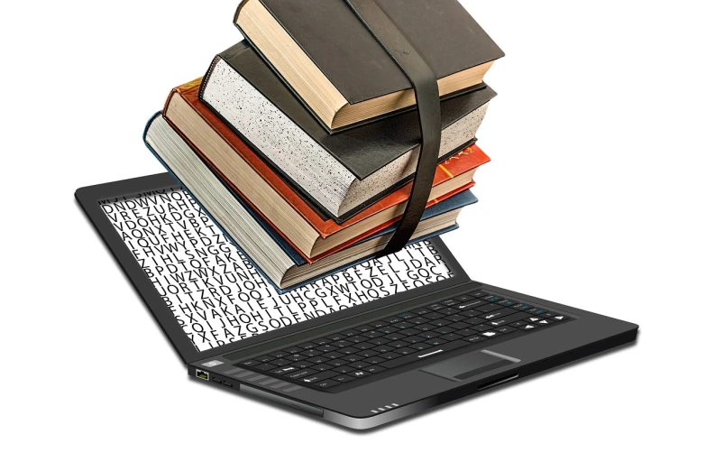 a laptop computer sitting on top of a pile of books, computer art, fungal pages, stockphoto, tools, packshot