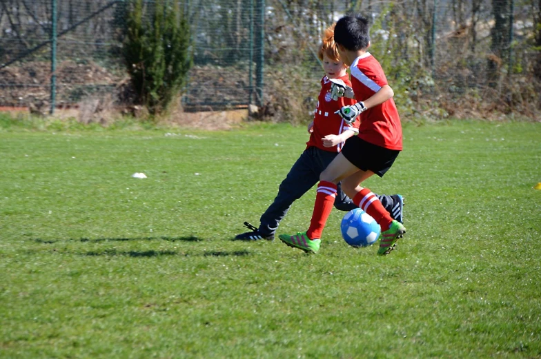 a couple of kids playing a game of soccer, a picture, dribble, reportage photo, canines sports photo, slightly sunny weather, action photo