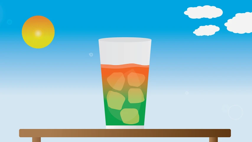 a glass of orange juice sitting on top of a table, a digital rendering, green blue red colors, mobile game background, floating away, wikihow illustration