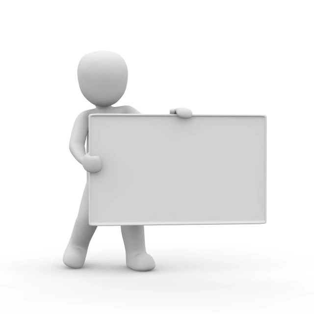 a person holding a sign on a white surface, by Andries Stock, trending on pixabay, visual art, 3 d shaded, white plastic, whiteboards