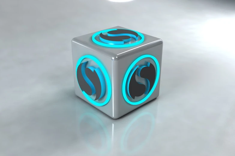 a silver and blue dice sitting on top of a table, a 3D render, by senior environment artist, symmetry!! solid cube of light, 3 d logo, rendered in nvidia's omniverse, airbrush render